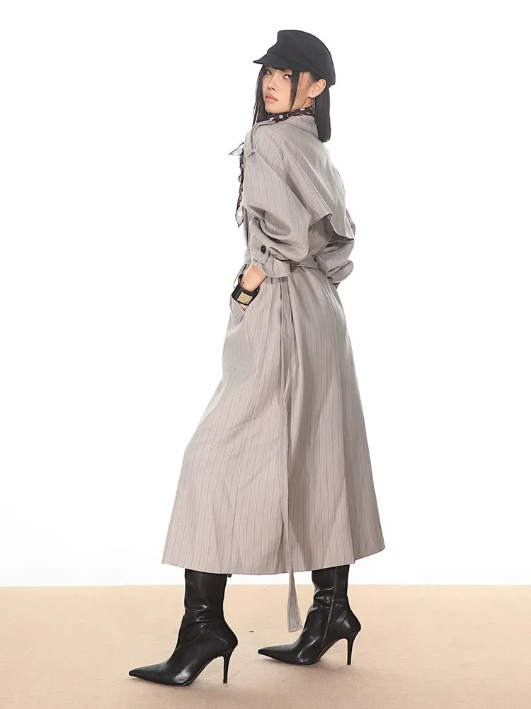 Pinstripe Double-Breasted Trench Coat with Belt Detail