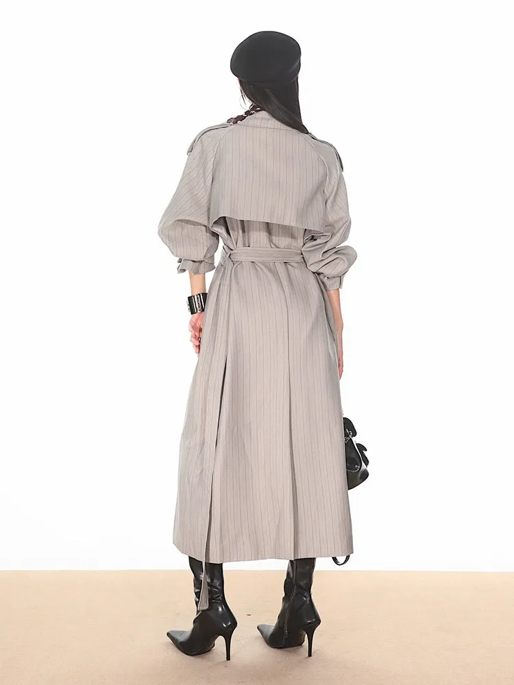 Pinstripe Double-Breasted Trench Coat with Belt Detail