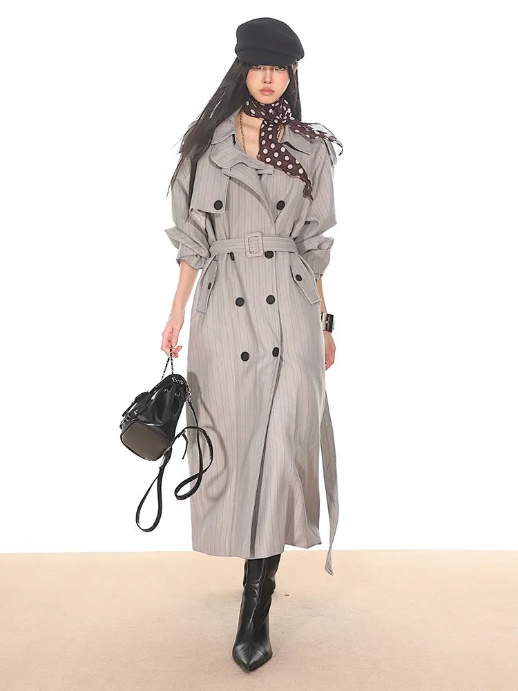 Pinstripe Double-Breasted Trench Coat with Belt Detail