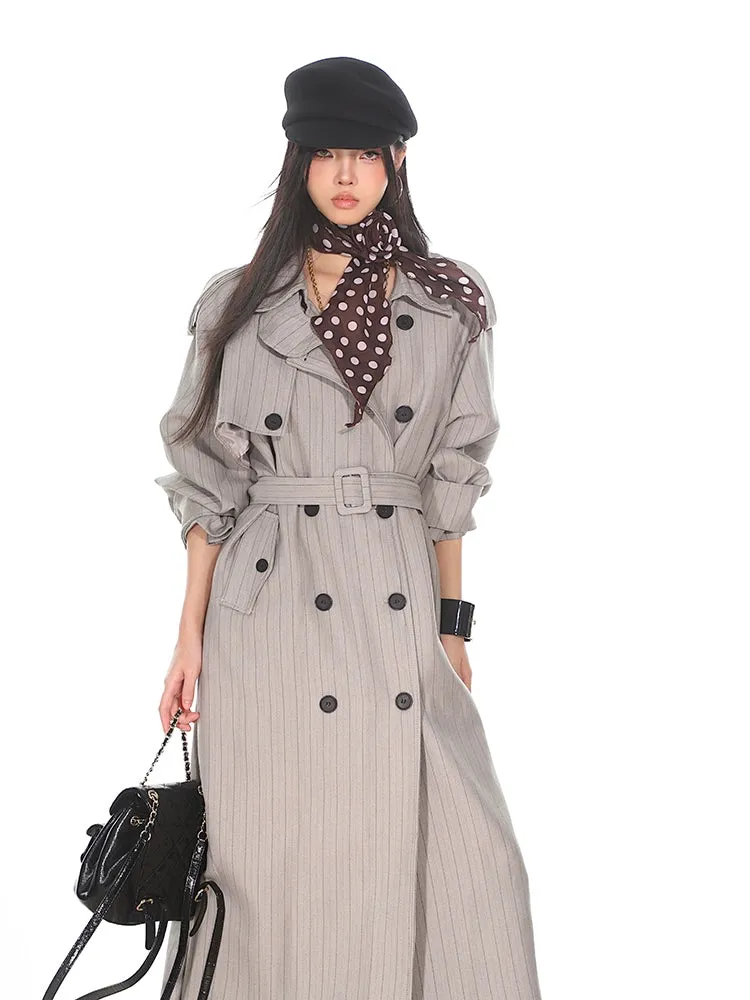 Pinstripe Double-Breasted Trench Coat with Belt Detail