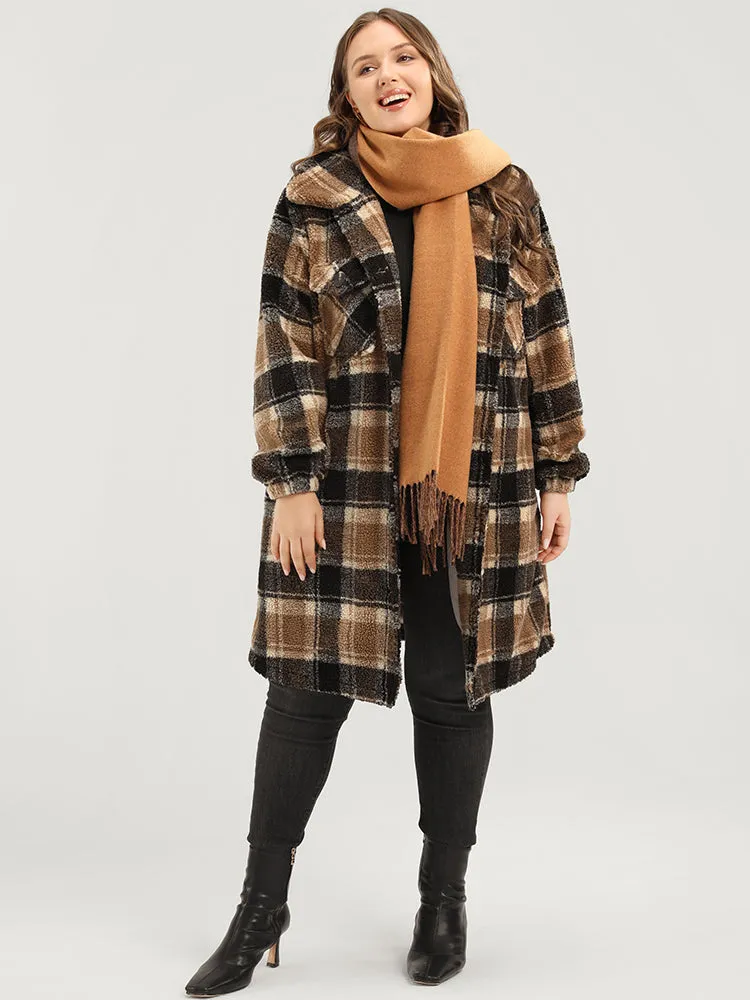 Plaid Flap Pocket Button Up Teddy Coat