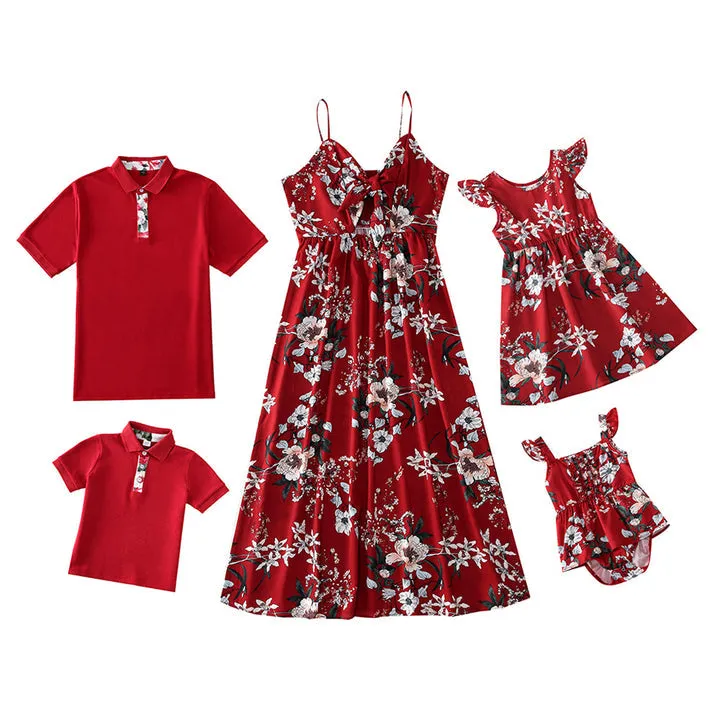 Plant Allover Printing Dresses and Tshirts Family Matching Sets