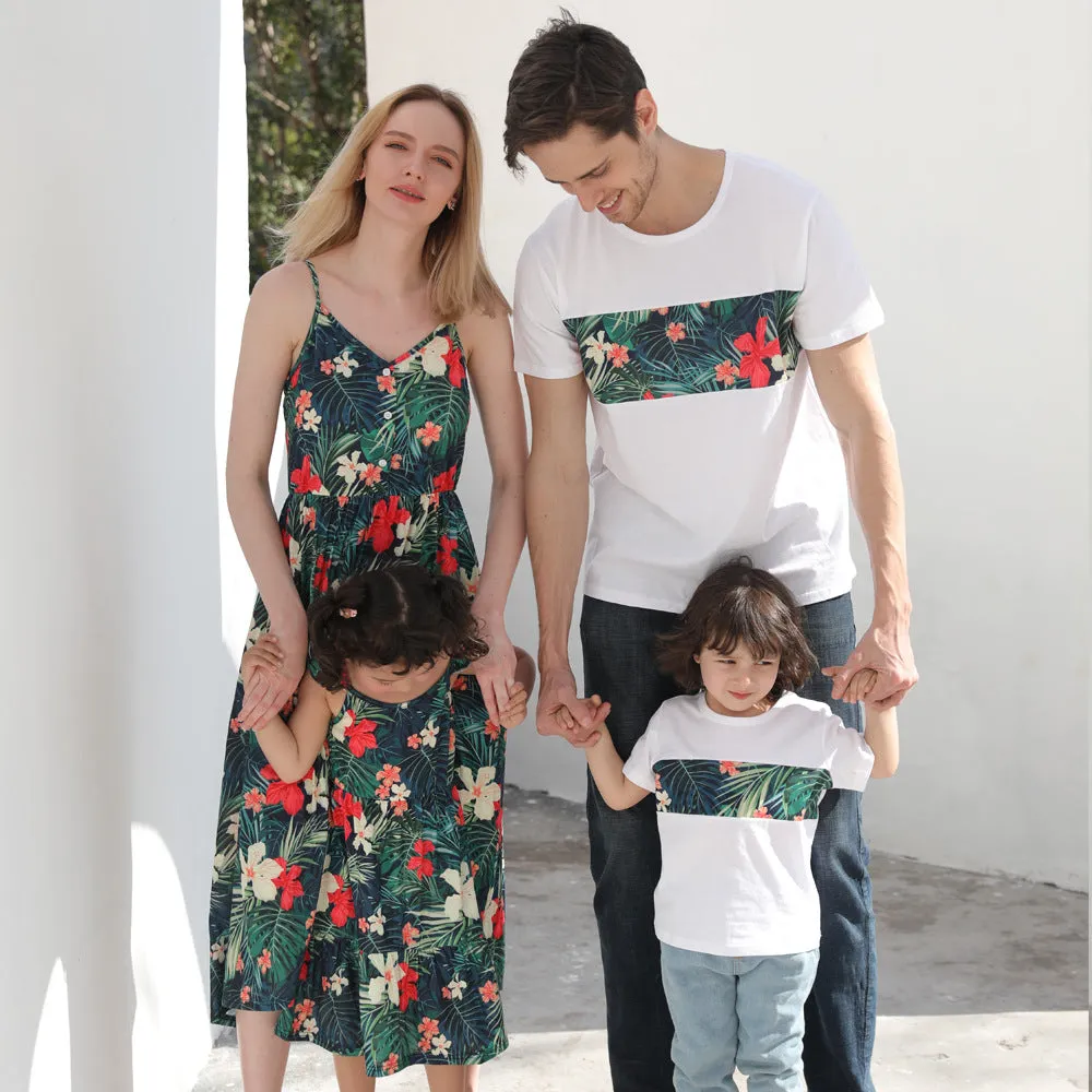 Plant Allover Printing Dresses and Tshirts Family Matching Sets