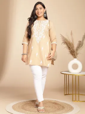 Plus Size Cream Cotton Chikankari Regular Tunic