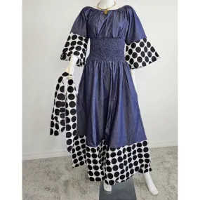 Polka Dot Long Denim Maxi Dress with matching Headwrap