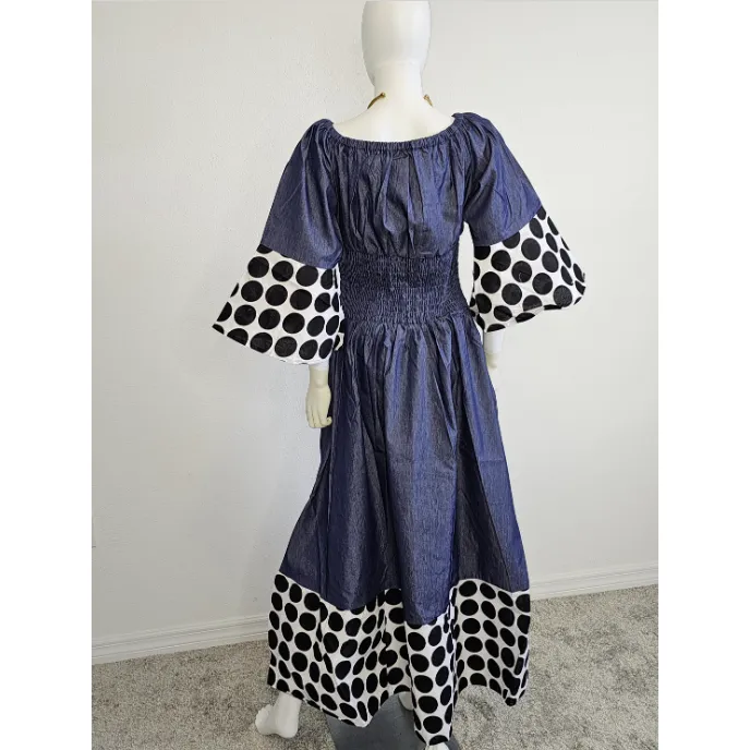 Polka Dot Long Denim Maxi Dress with matching Headwrap