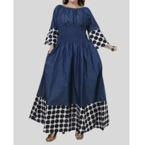 Polka Dot Long Denim Maxi Dress with matching Headwrap