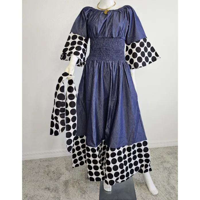 Polka Dot Long Denim Maxi Dress with matching Headwrap