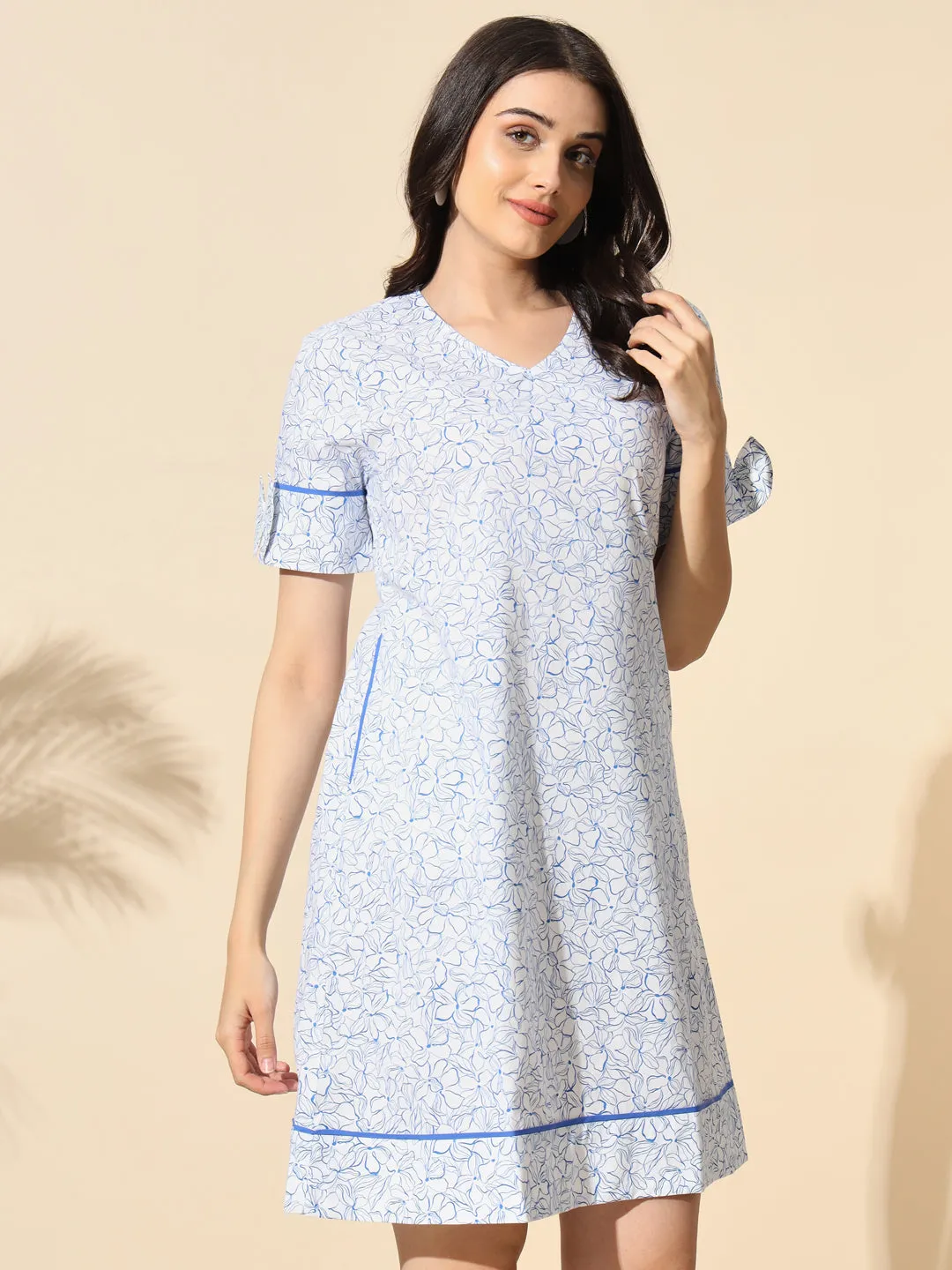 Printed Poplin A-Line Tunic With Bow Detail