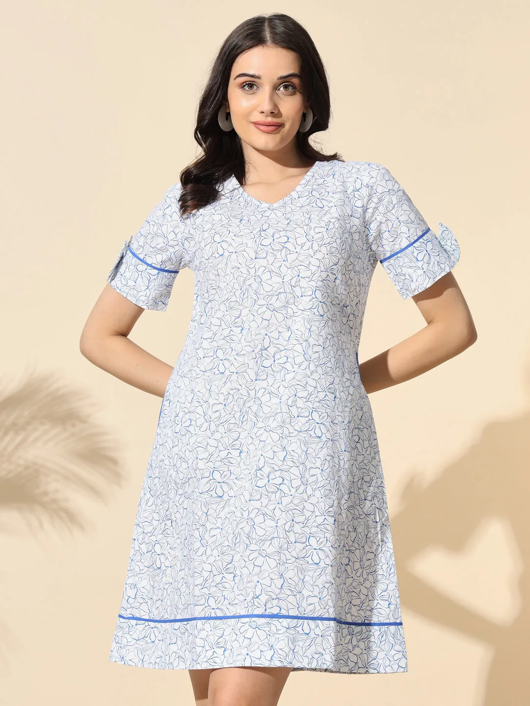 Printed Poplin A-Line Tunic With Bow Detail