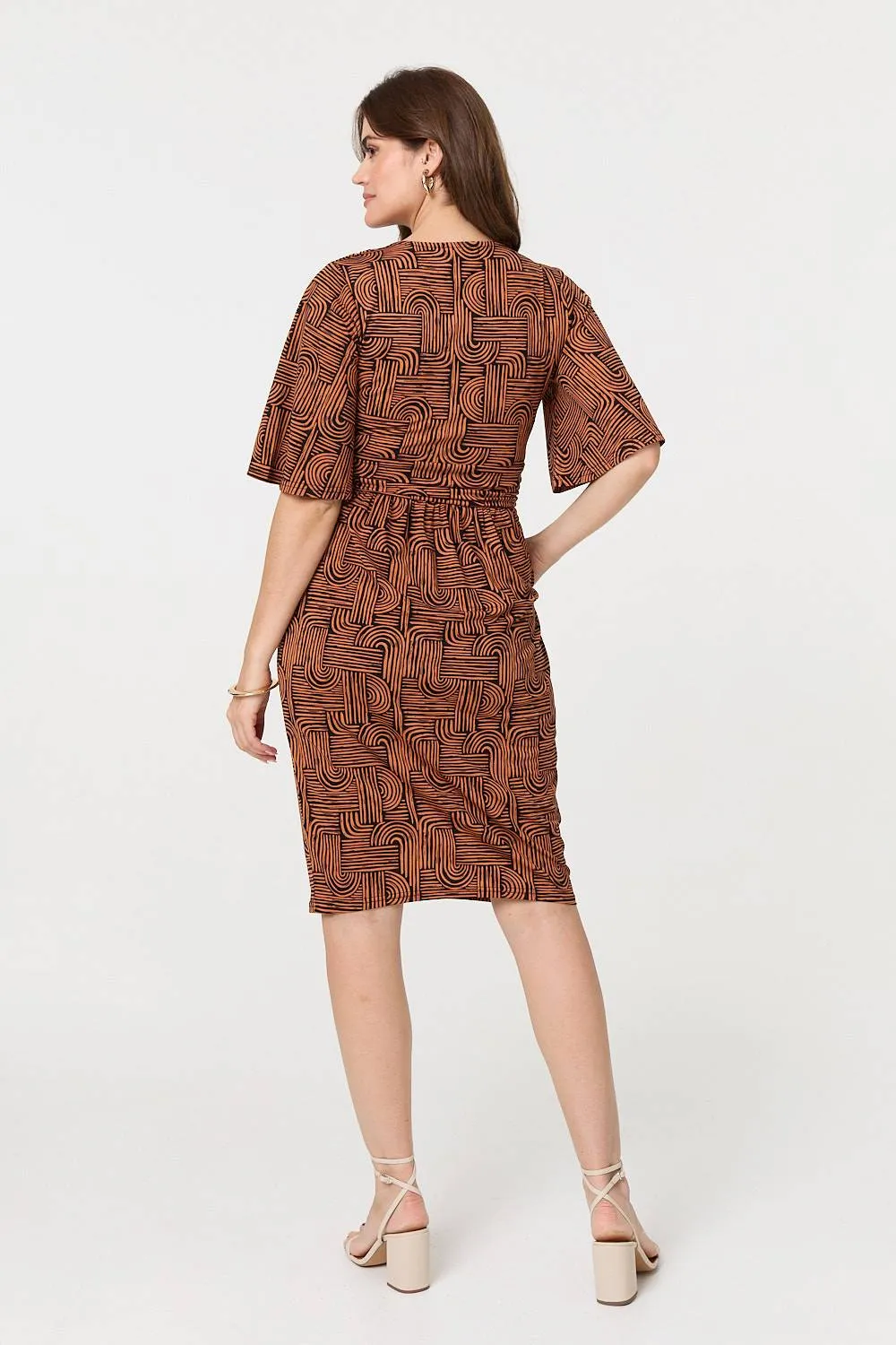 Printed Ruched Faux Wrap Knee Length Dress