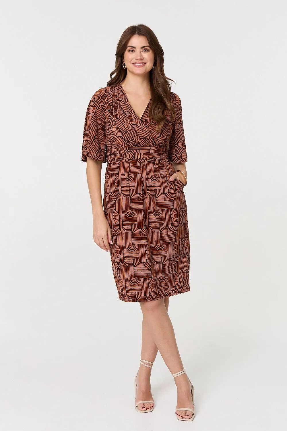 Printed Ruched Faux Wrap Knee Length Dress