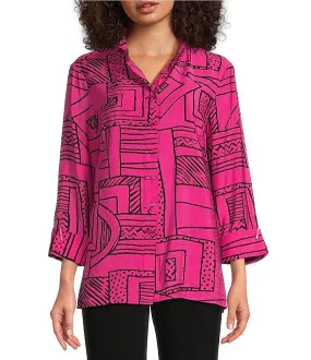 Printed Wire Collar 3/4 Sleeve Button Front Tunic