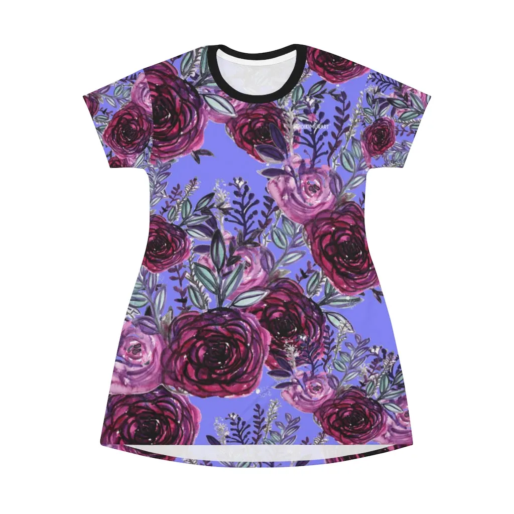 Purple Floral T-Shirt Dress, Flower Rose Print Women's Tee Shirt Dress- Made in USA (US Size: XS-2XL)