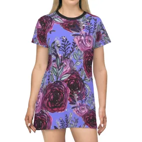 Purple Floral T-Shirt Dress, Flower Rose Print Women's Tee Shirt Dress- Made in USA (US Size: XS-2XL)