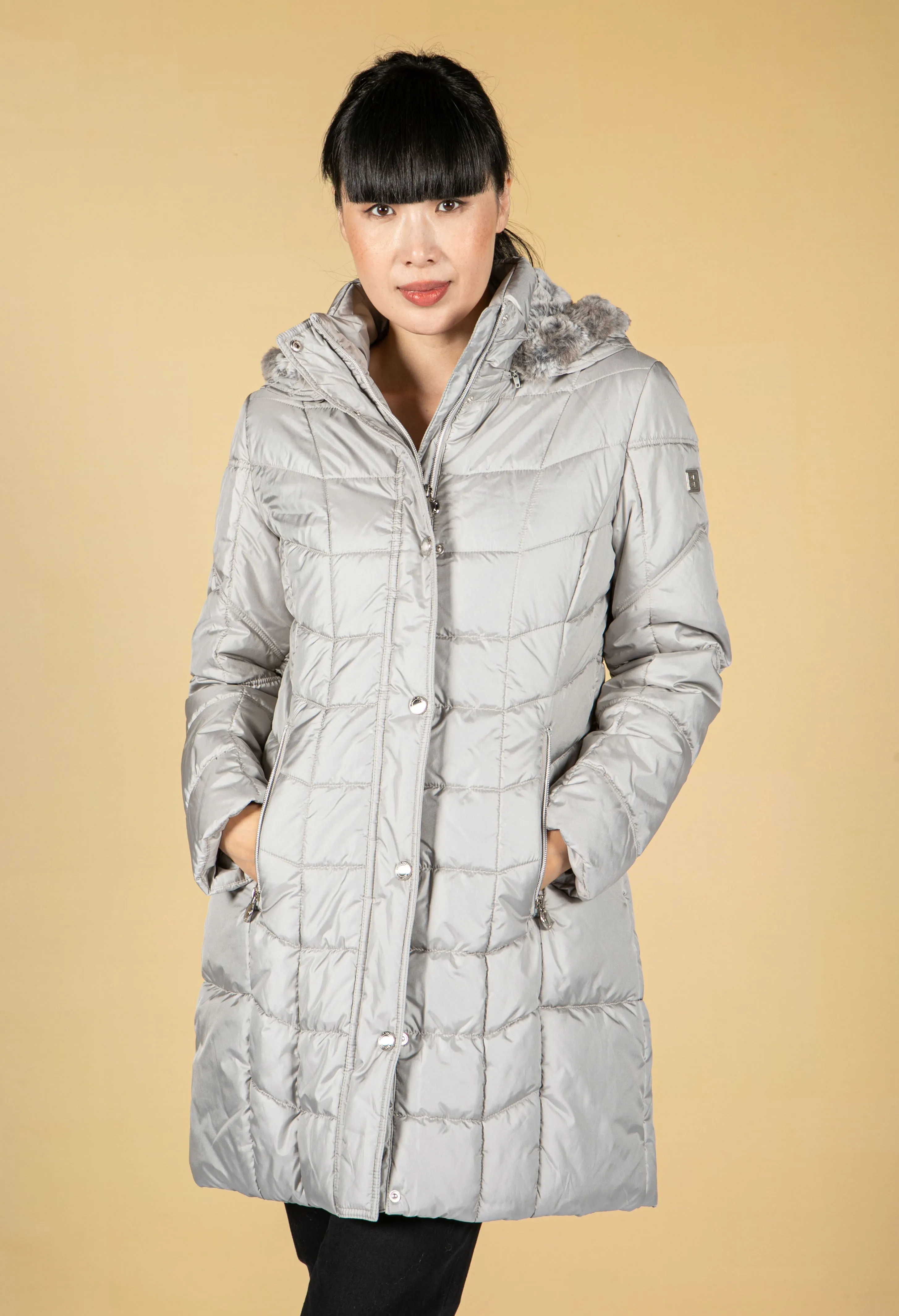 Quilted Long Coat in Silver