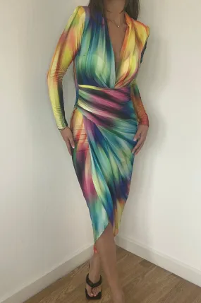 Rainbow Print Wrap Midi Dress