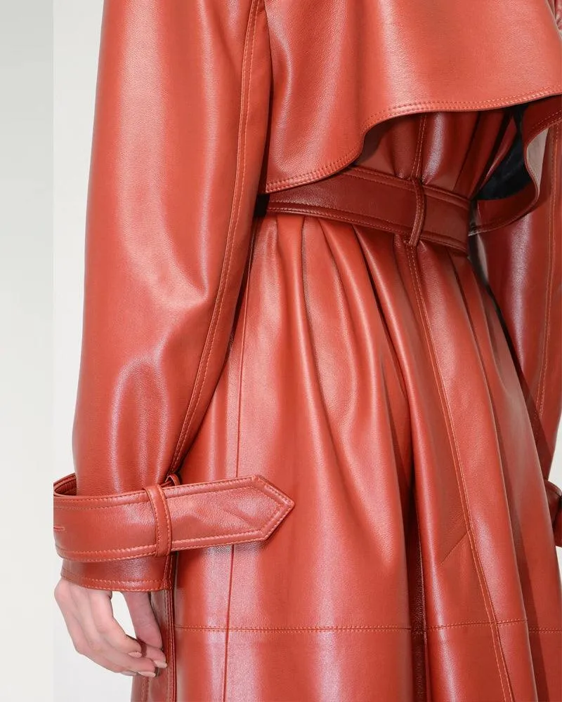 Red Lambskin Leather Trench Coat