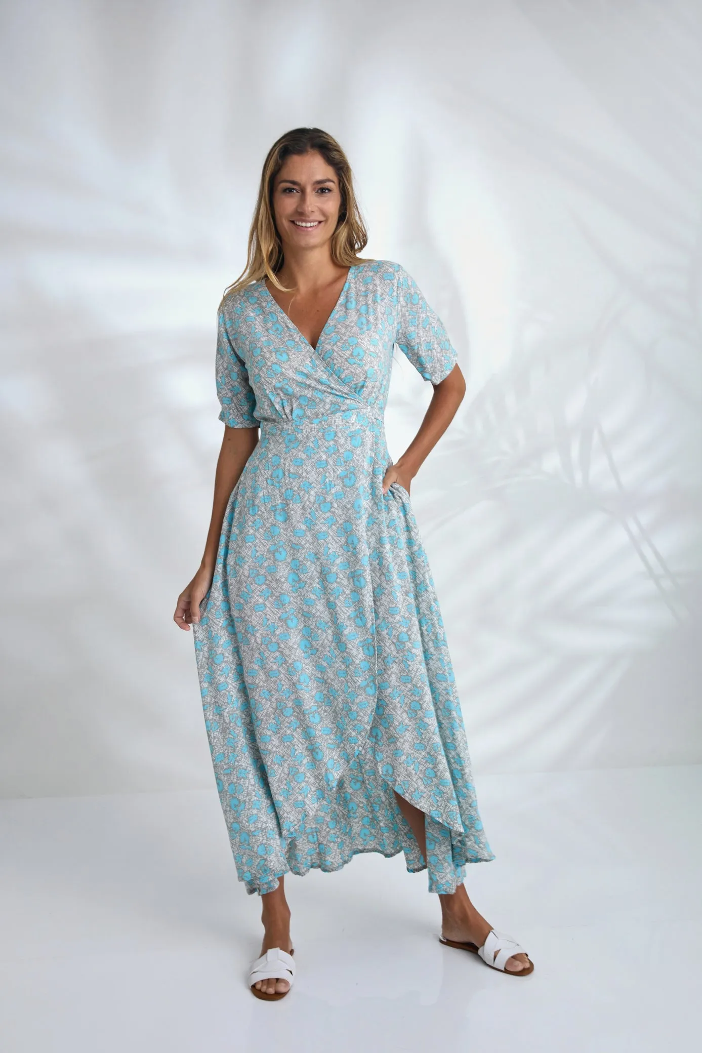 Renae Wrap Dress - Sky Blue Flower