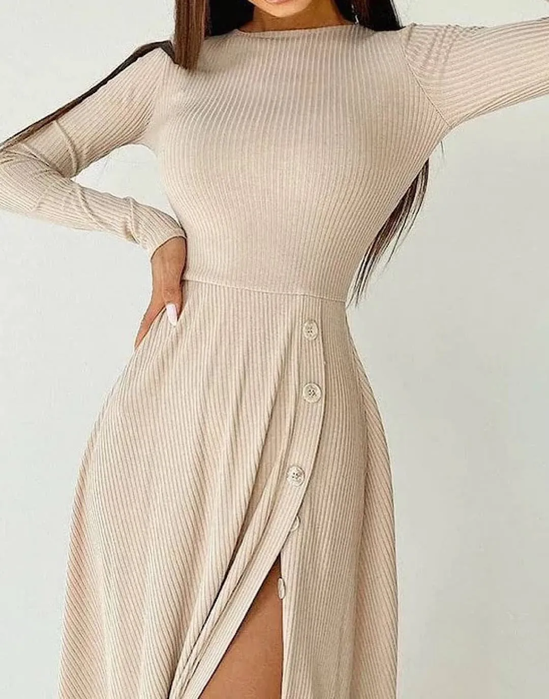 Ribbed Knit High Slit Dress