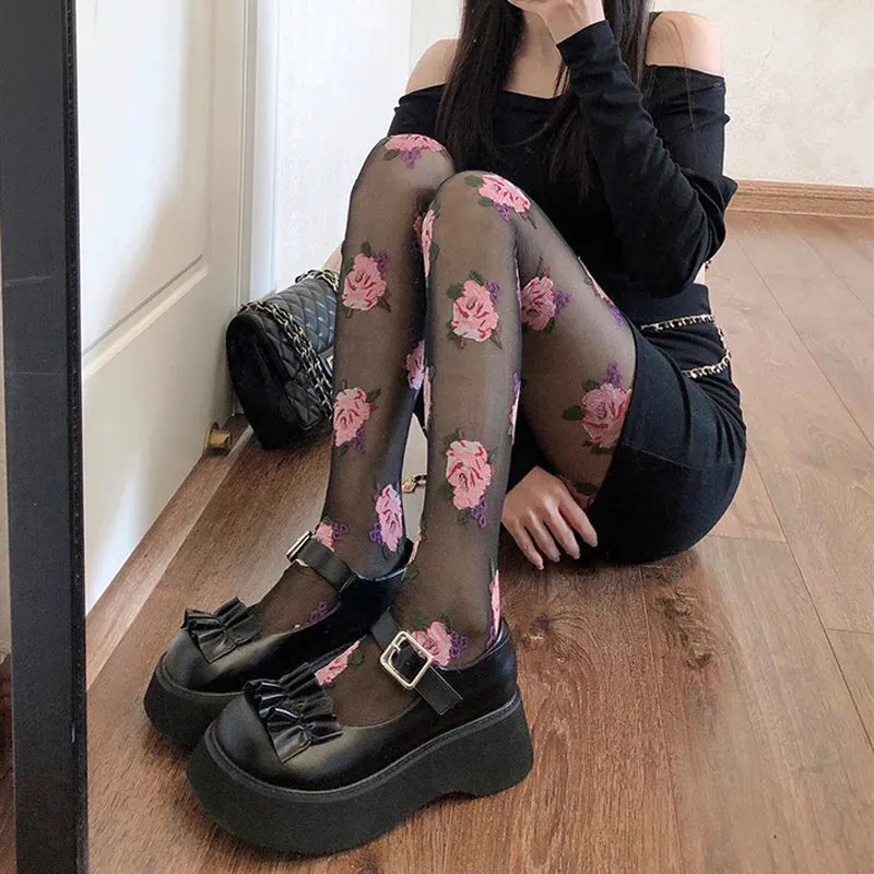 Rose Print Fishnet Tights