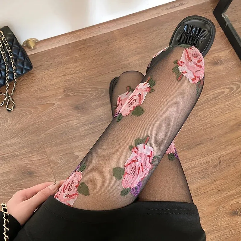 Rose Print Fishnet Tights