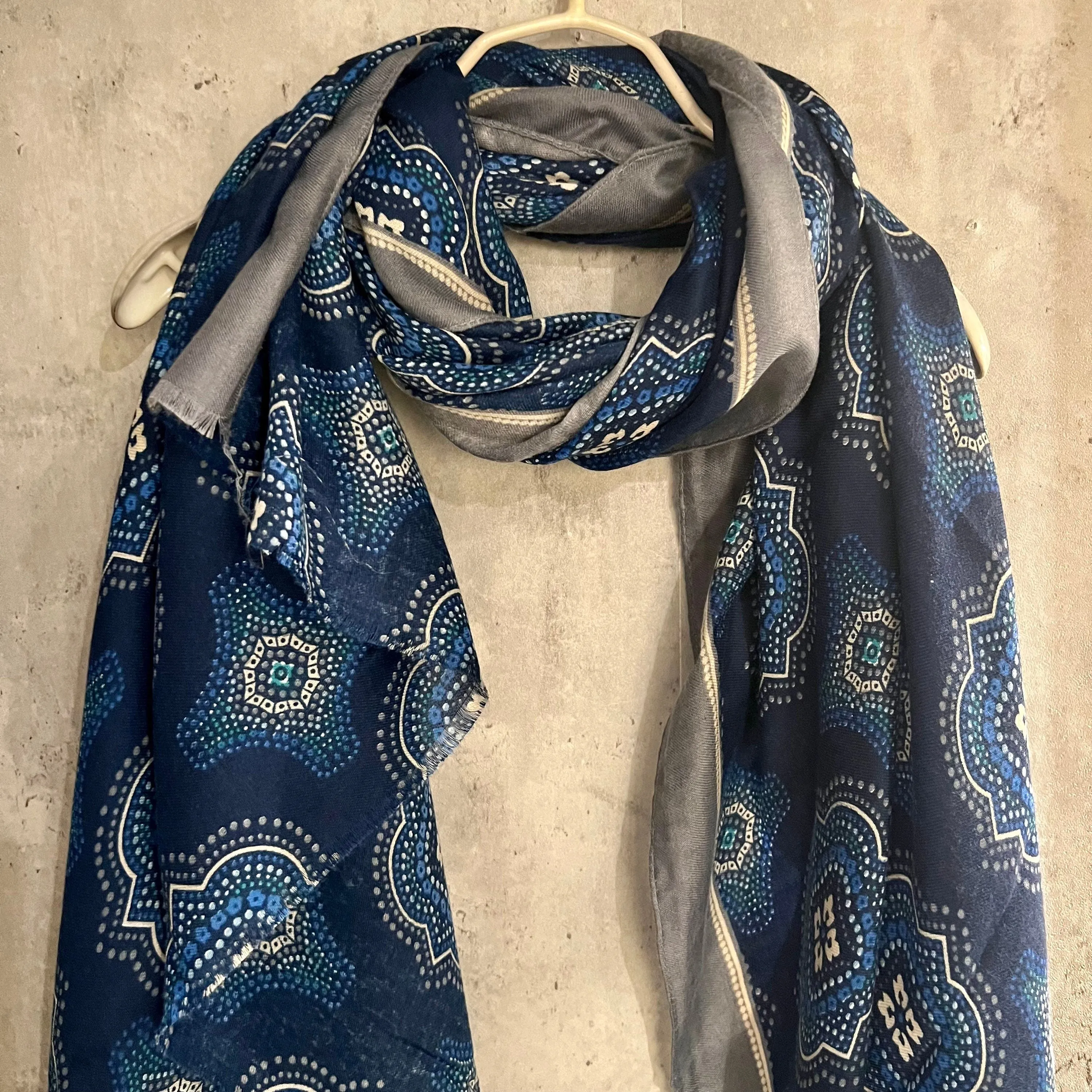 Saree Pattern With Grey Trim Blue Cotton Scarf/Summer Autumn Winter Scarf/Scarf Women/Gifts For Her Birthday Christmas/UK Seller