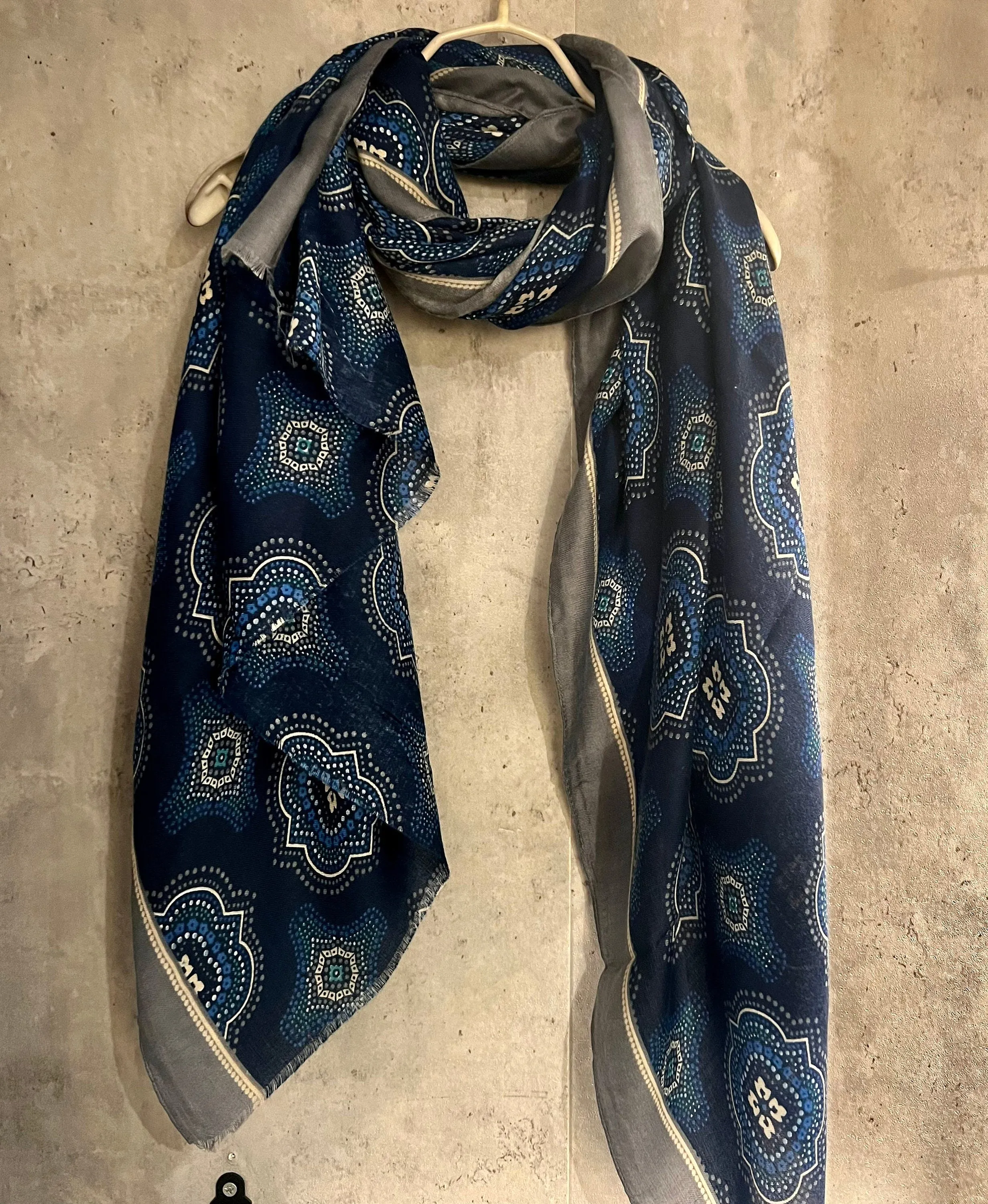 Saree Pattern With Grey Trim Blue Cotton Scarf/Summer Autumn Winter Scarf/Scarf Women/Gifts For Her Birthday Christmas/UK Seller