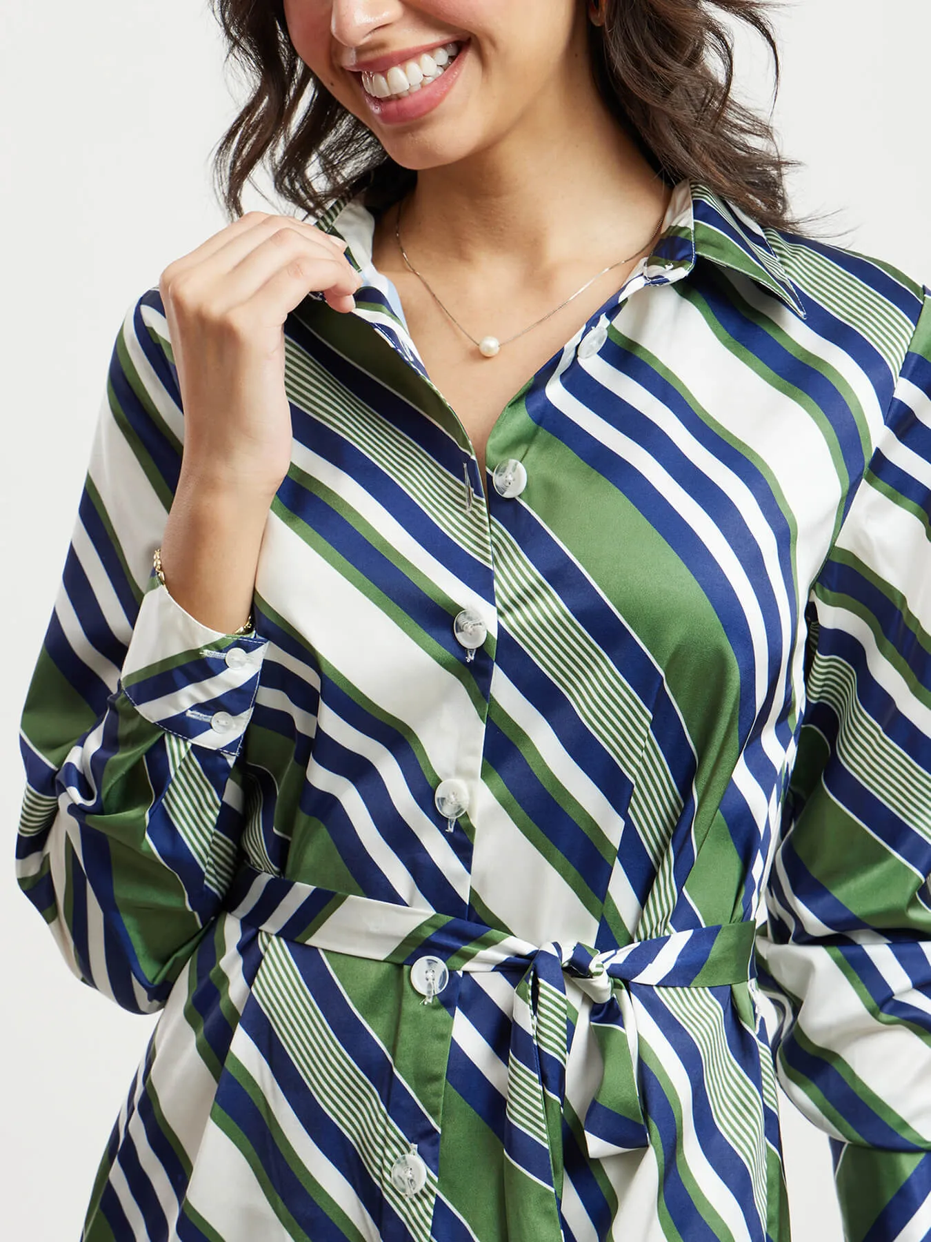 Satin Stripes Button Down Dress - Olive And Navy