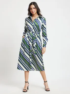 Satin Stripes Button Down Dress - Olive And Navy