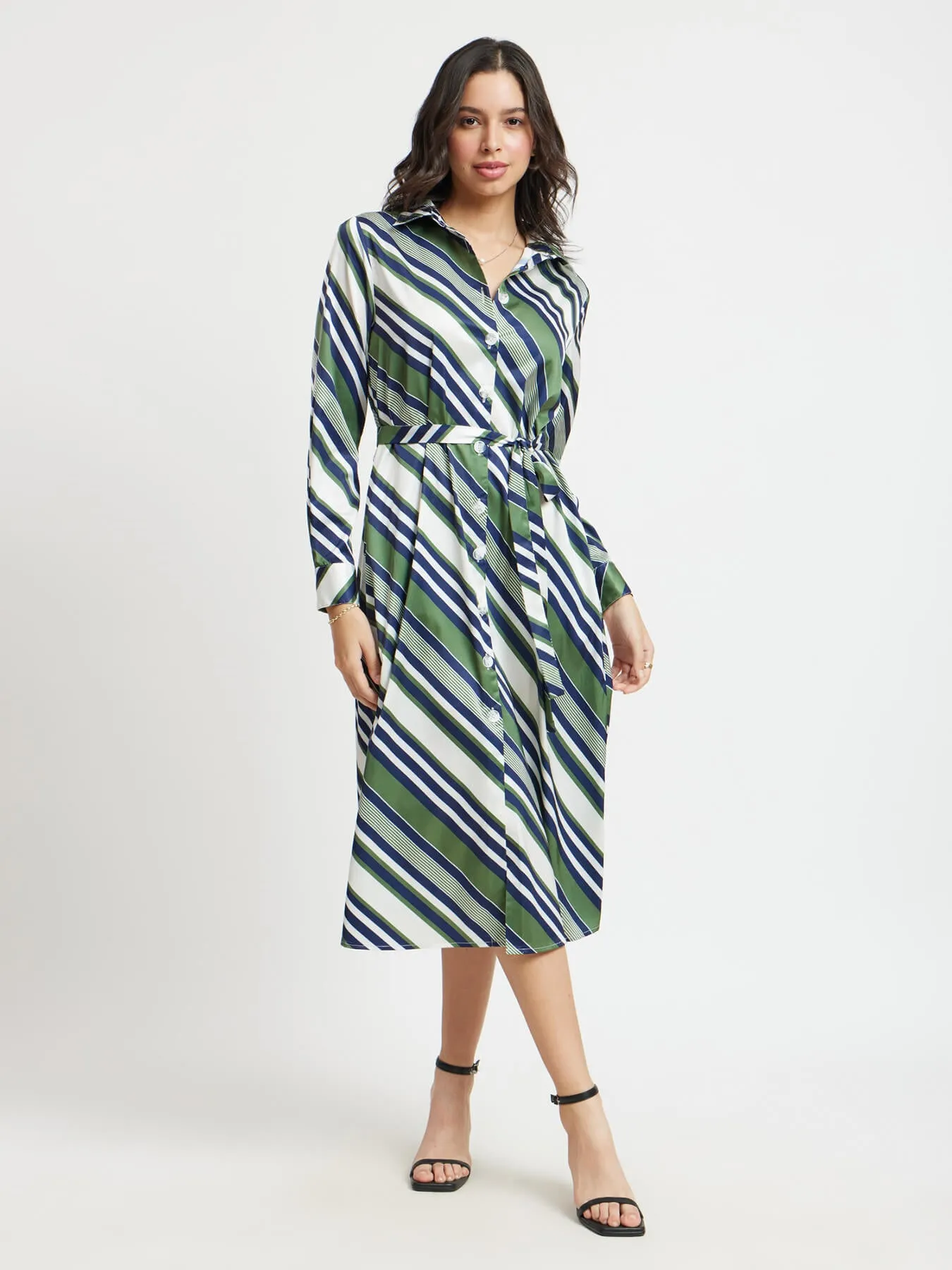 Satin Stripes Button Down Dress - Olive And Navy