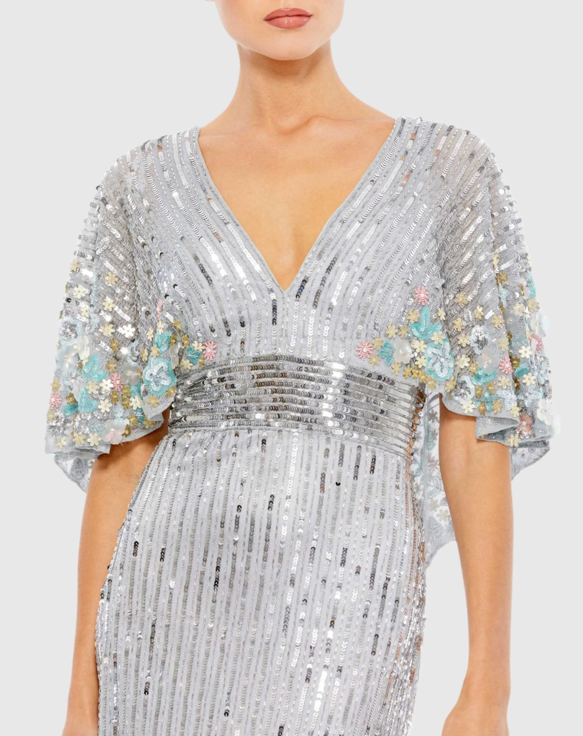 Sequined V Neck Floral Embellished Cape Sleeve Gown