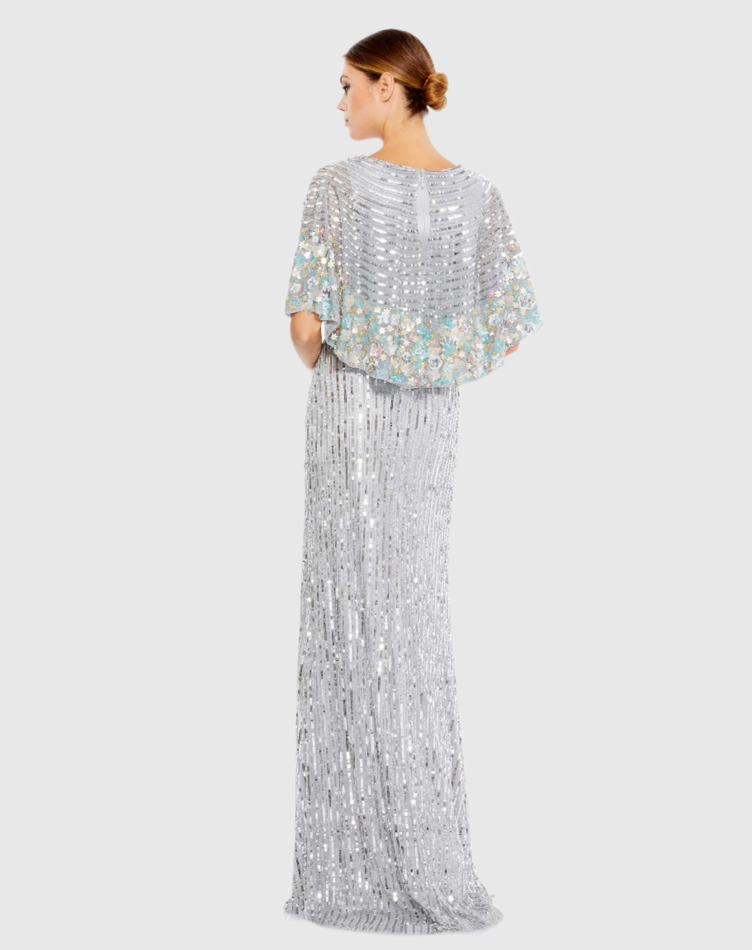 Sequined V Neck Floral Embellished Cape Sleeve Gown