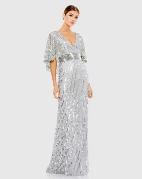 Sequined V Neck Floral Embellished Cape Sleeve Gown