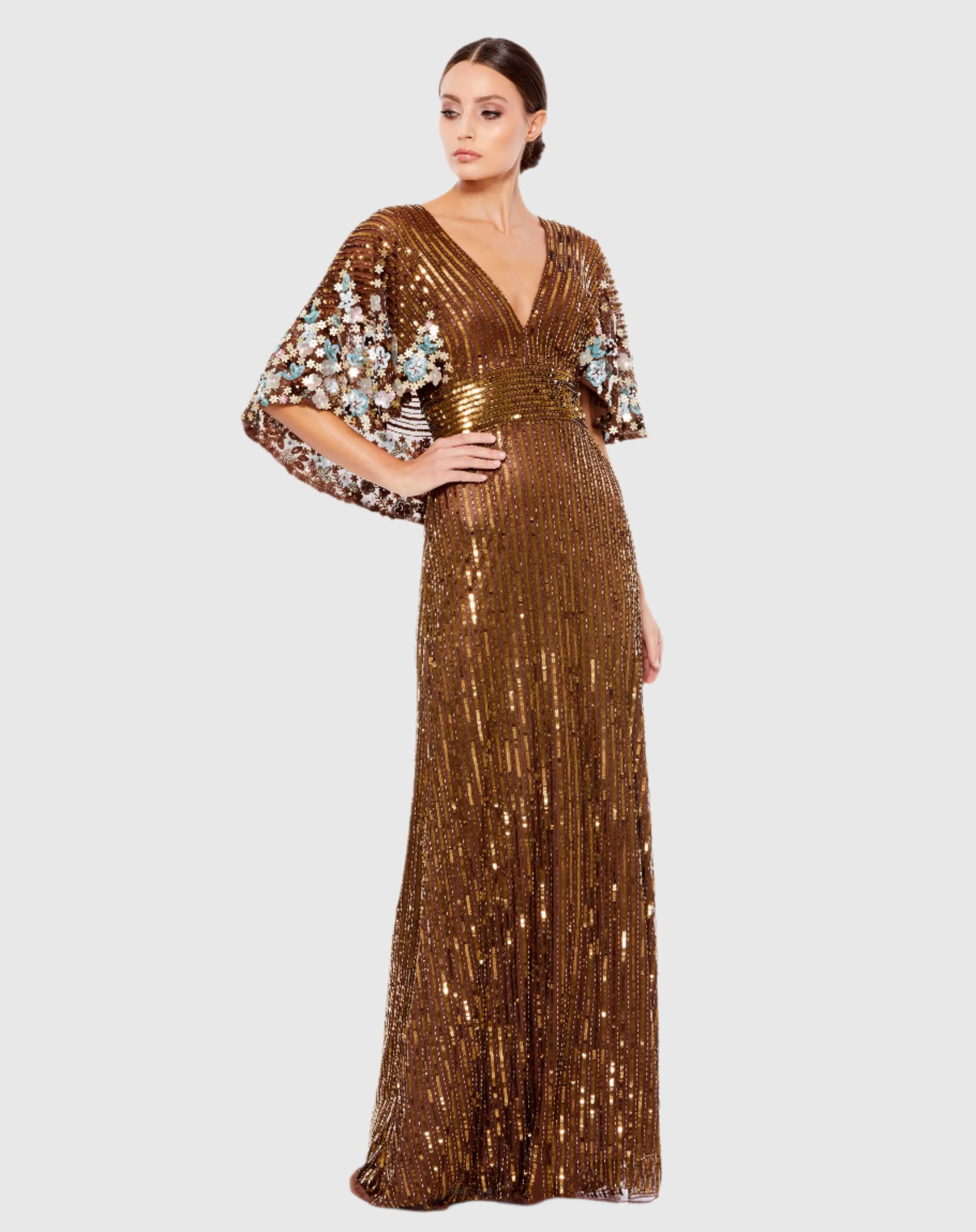 Sequined V Neck Floral Embellished Cape Sleeve Gown