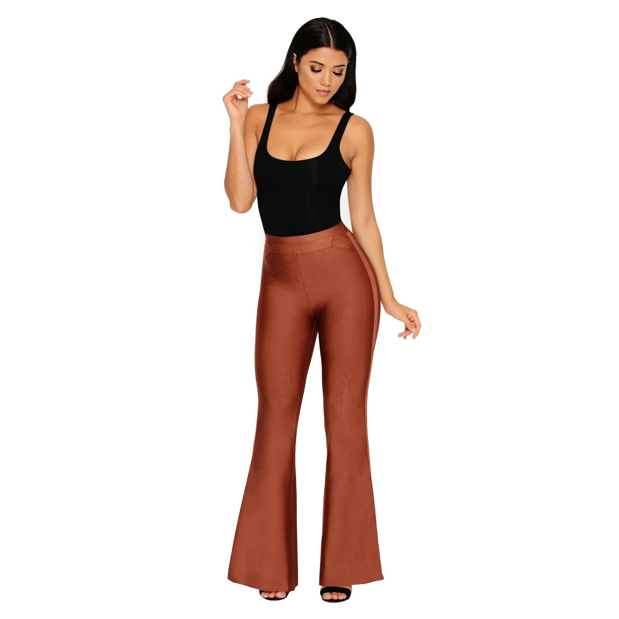 She Who Flares Wins Bandage Flare Trousers in Brown