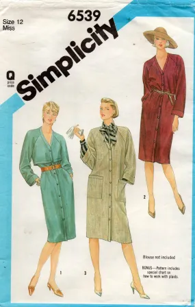 Simplicity 6539 Womens Raglan Sleeved Coatdress 1980s Vintage Sewing Pattern Size 12 Bust 34 inches