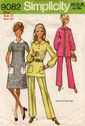 Simplicity 9082 Womens Dress Tunic & Pants 1970s Vintage Sewing Pattern Size 14 Bust 36 inches