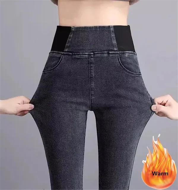 Skinny Denim Pencil Pants Women Casual Plush Velvet Lined Warm Jeans