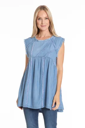 Sleeveless Patched and Frayed Tunic Dress  - Light Indigo