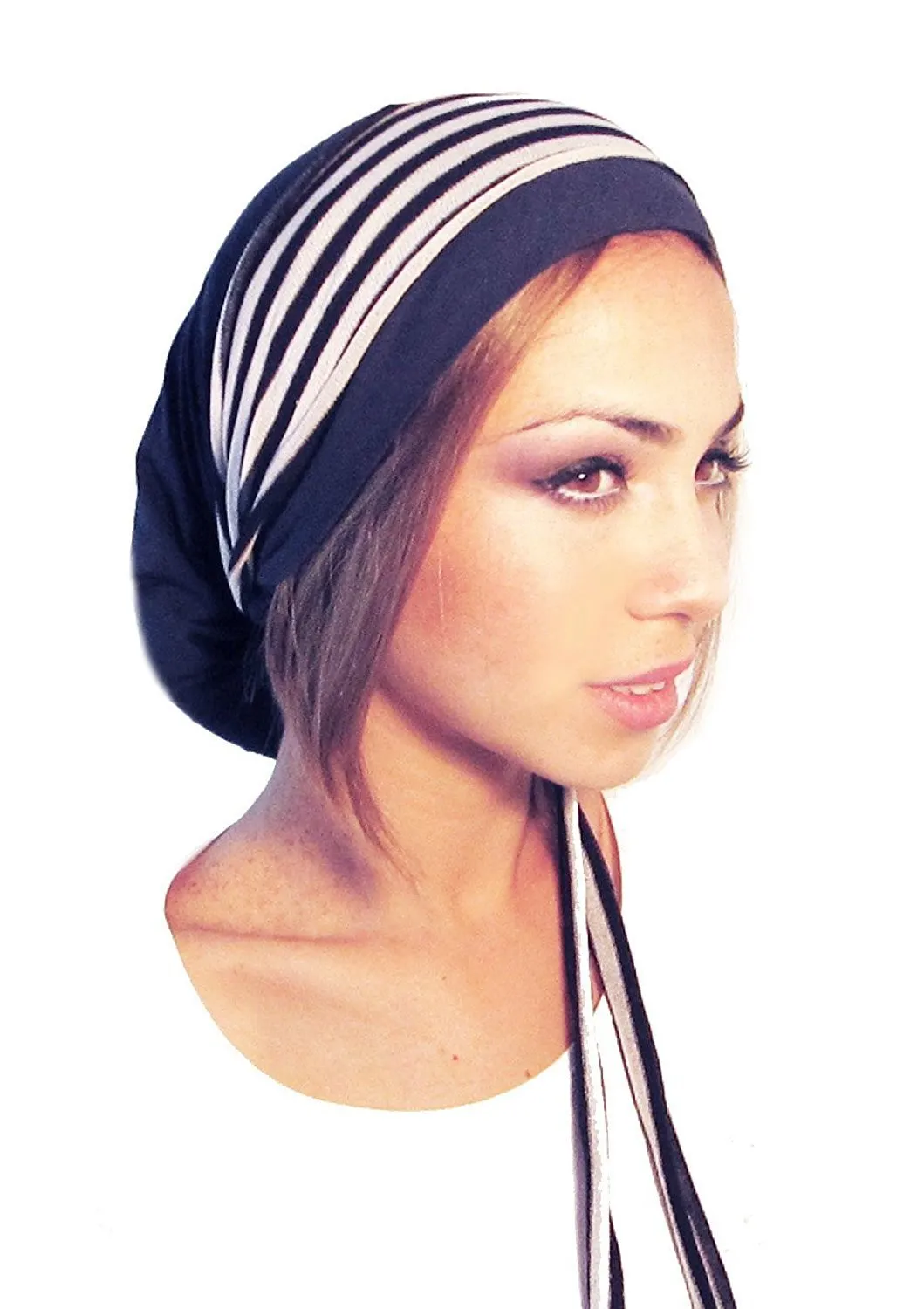 Soft Pre-tied Navy Blue Head-scarf Snood with Black & White Stripe Wrap - 093