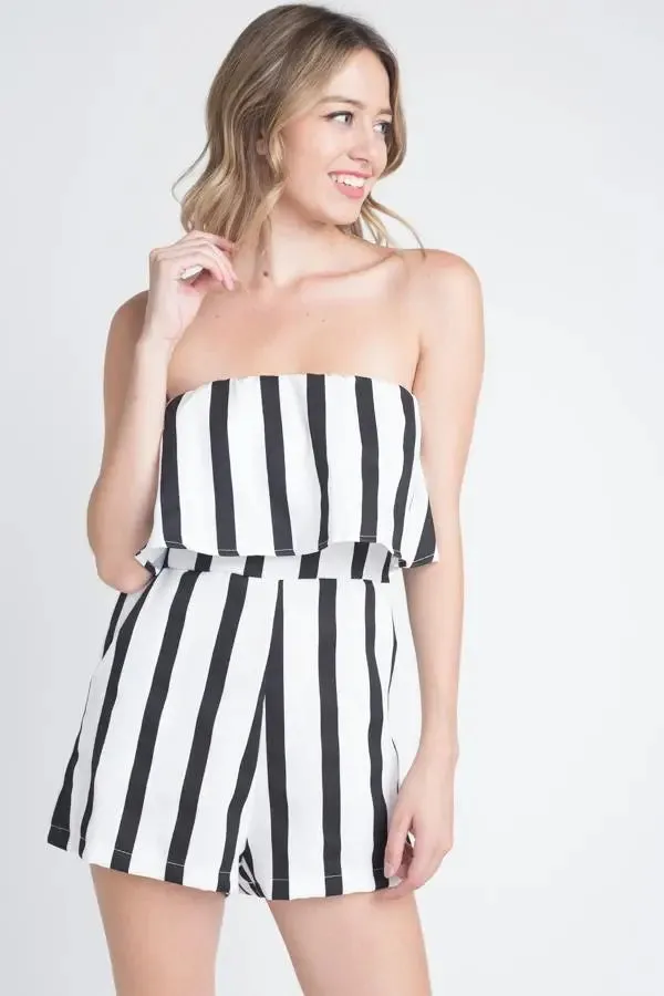 Strapless Chic Striped Romper with Convenient Pockets for Women