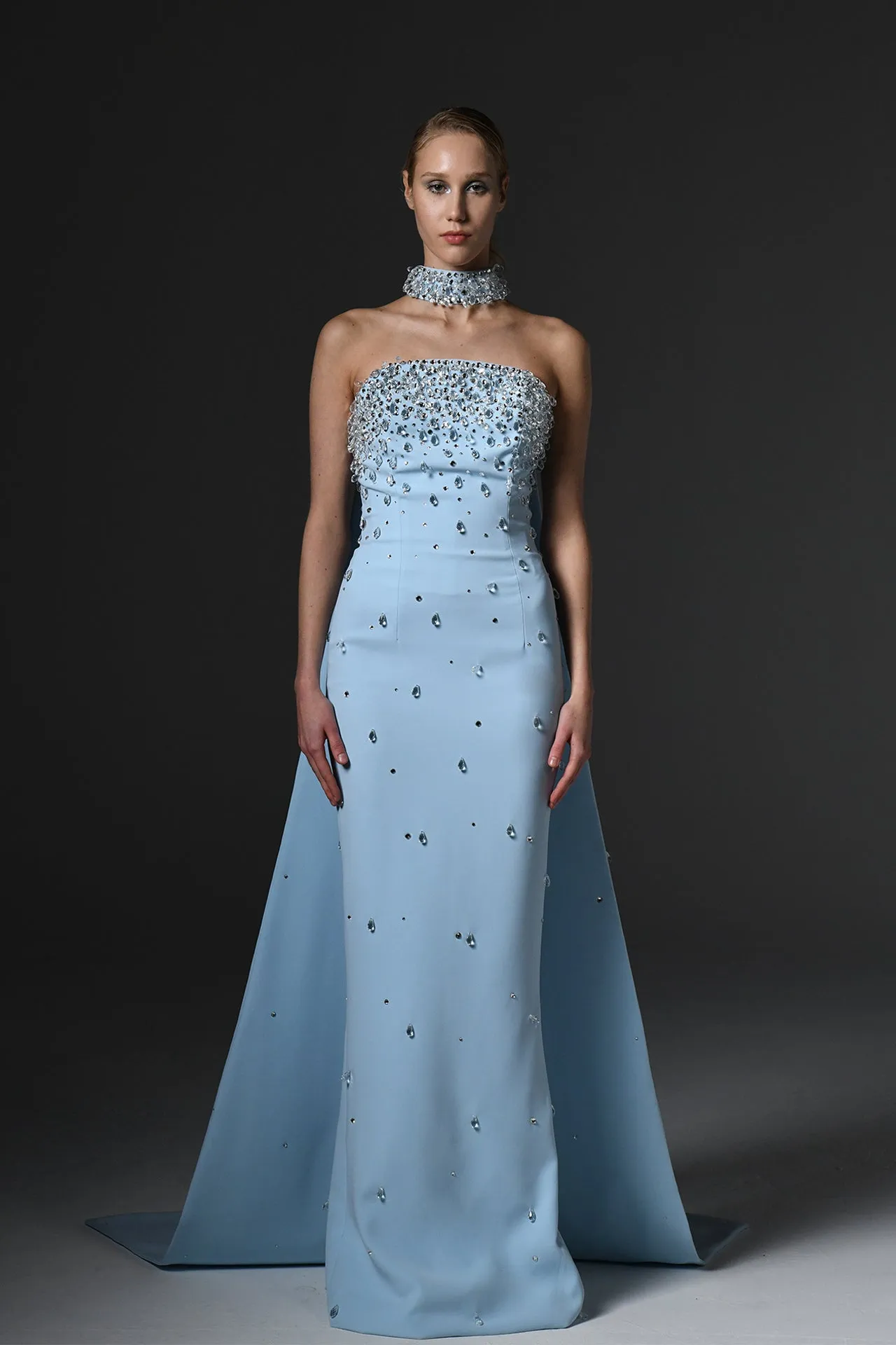 Strapless  Dress with Crystal Choker and Cape