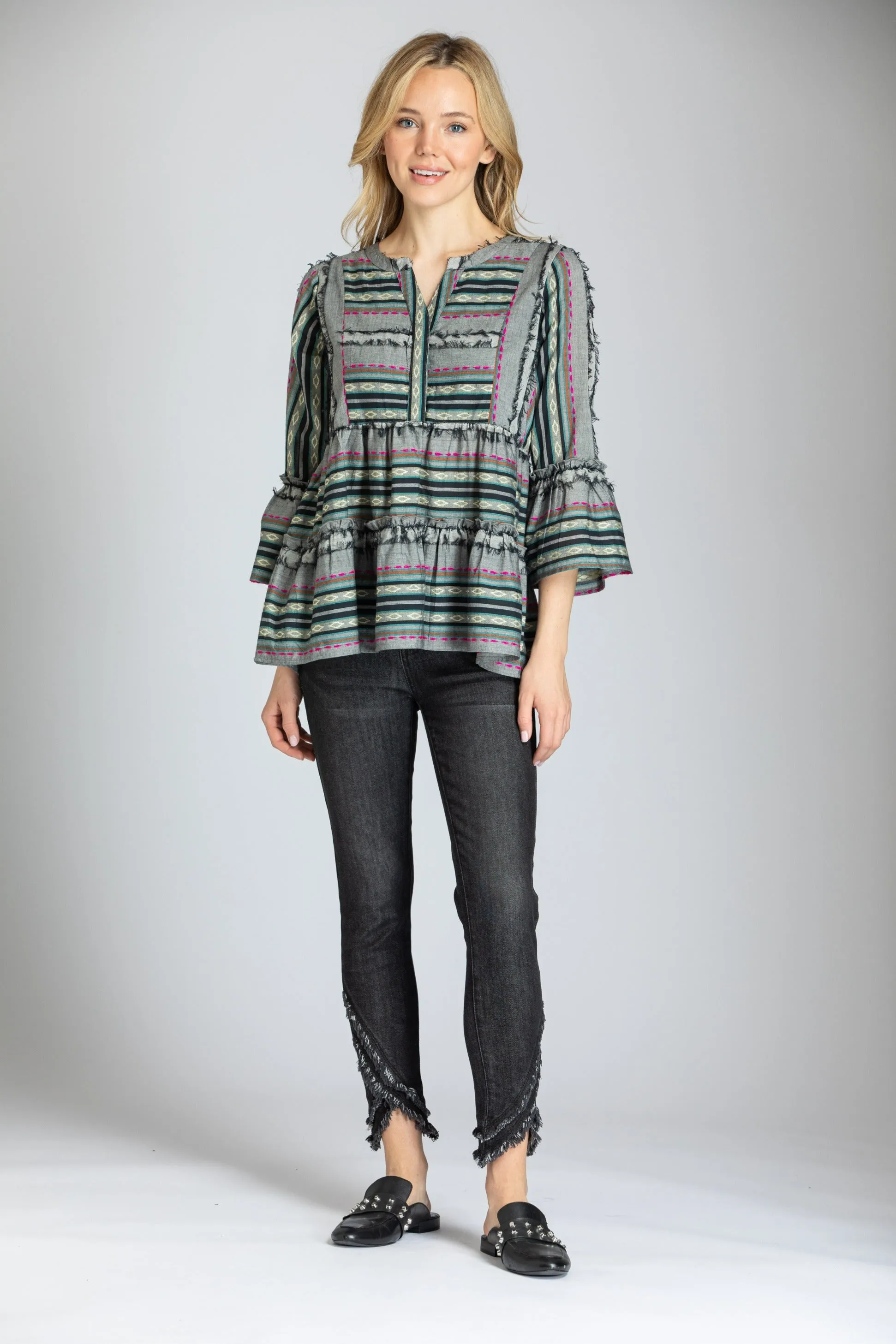 Striped Tiered Tunic With Fringed Detail