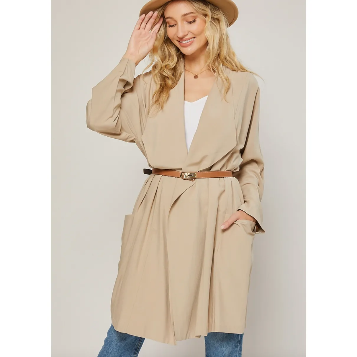 Tan Drape Front Duster Trench Coat