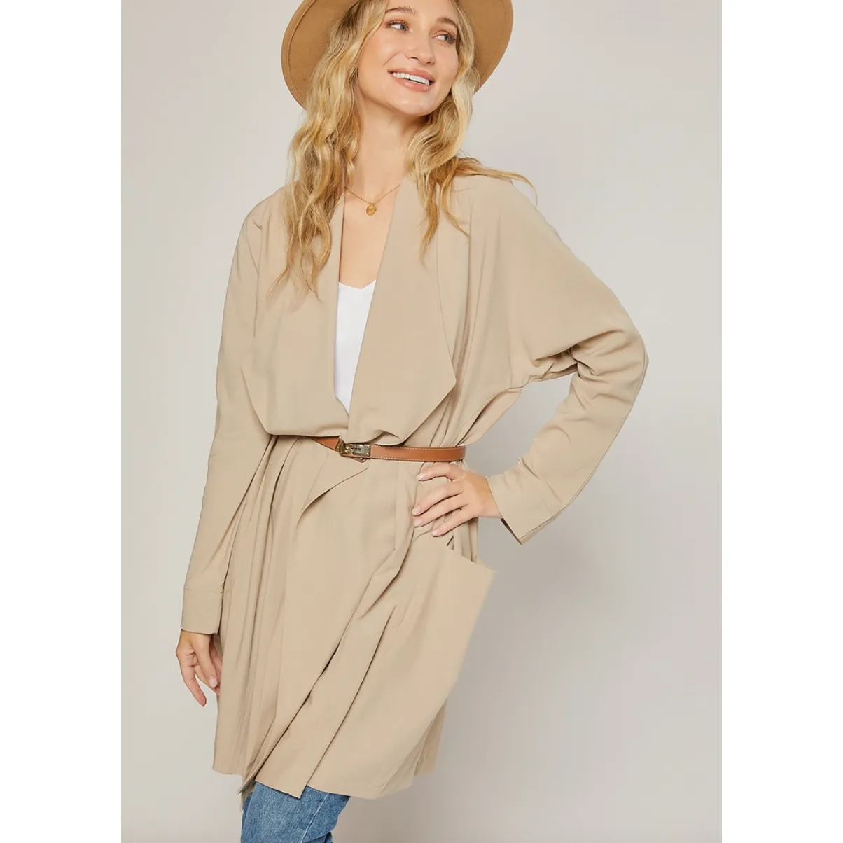 Tan Drape Front Duster Trench Coat