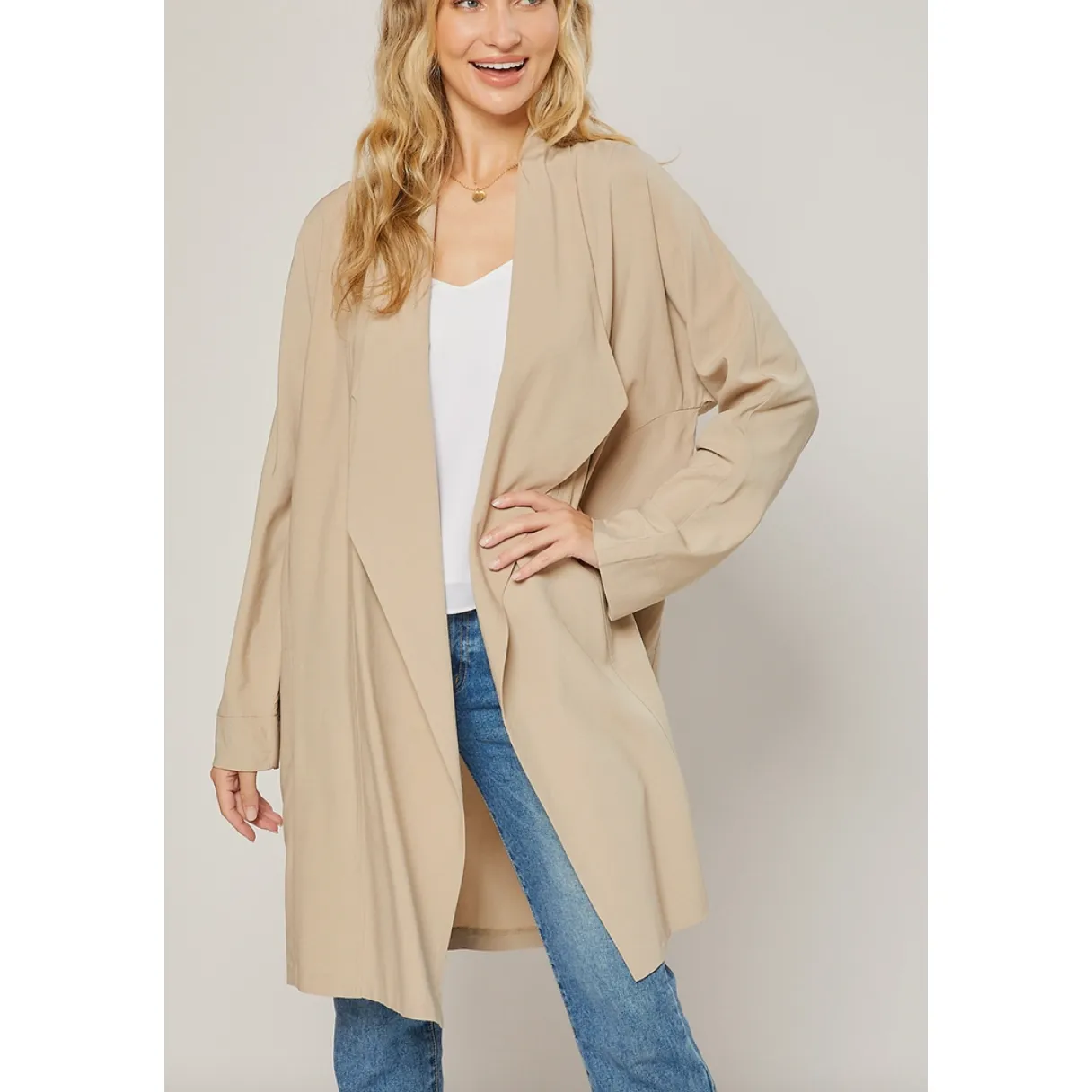 Tan Drape Front Duster Trench Coat