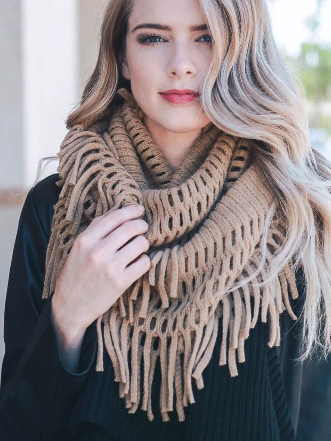 Tassel Knit Fringe Infinity Scarf - Mocha