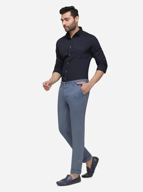 Teal Blue Solid Super Slim Fit Casual Trouser | Greenfibre