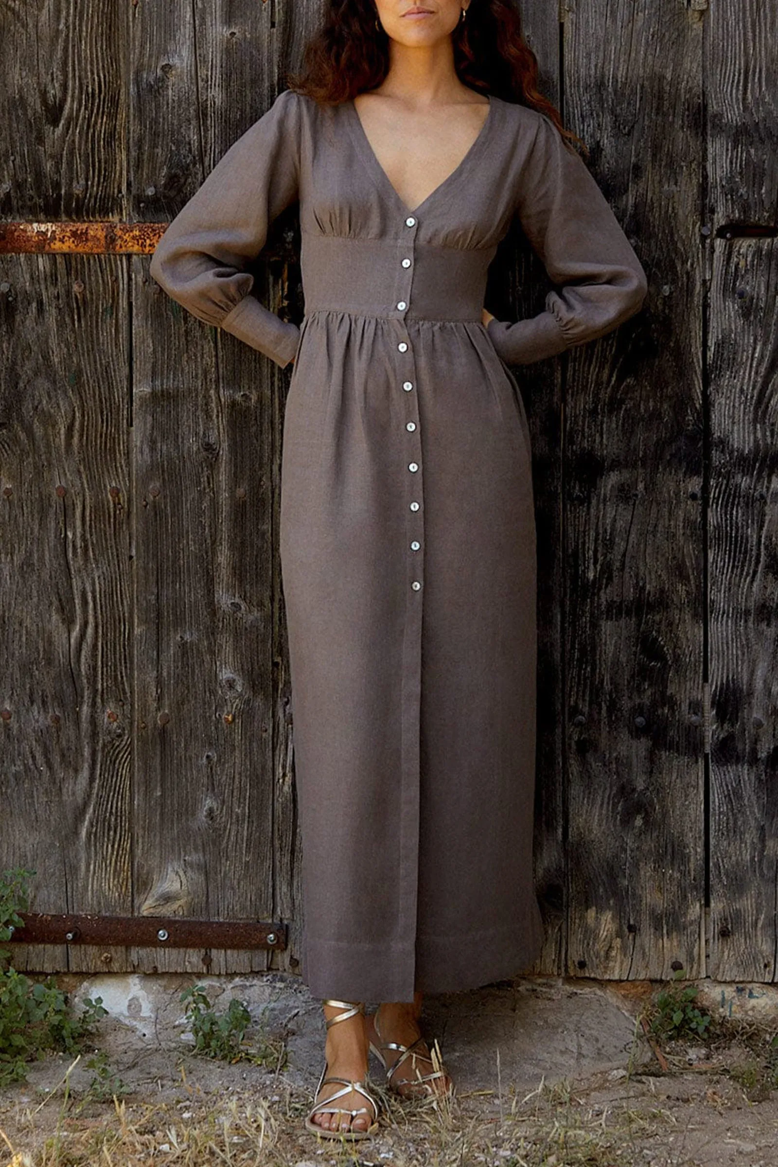 The Gertrude Linen Maxi Dress in mocha